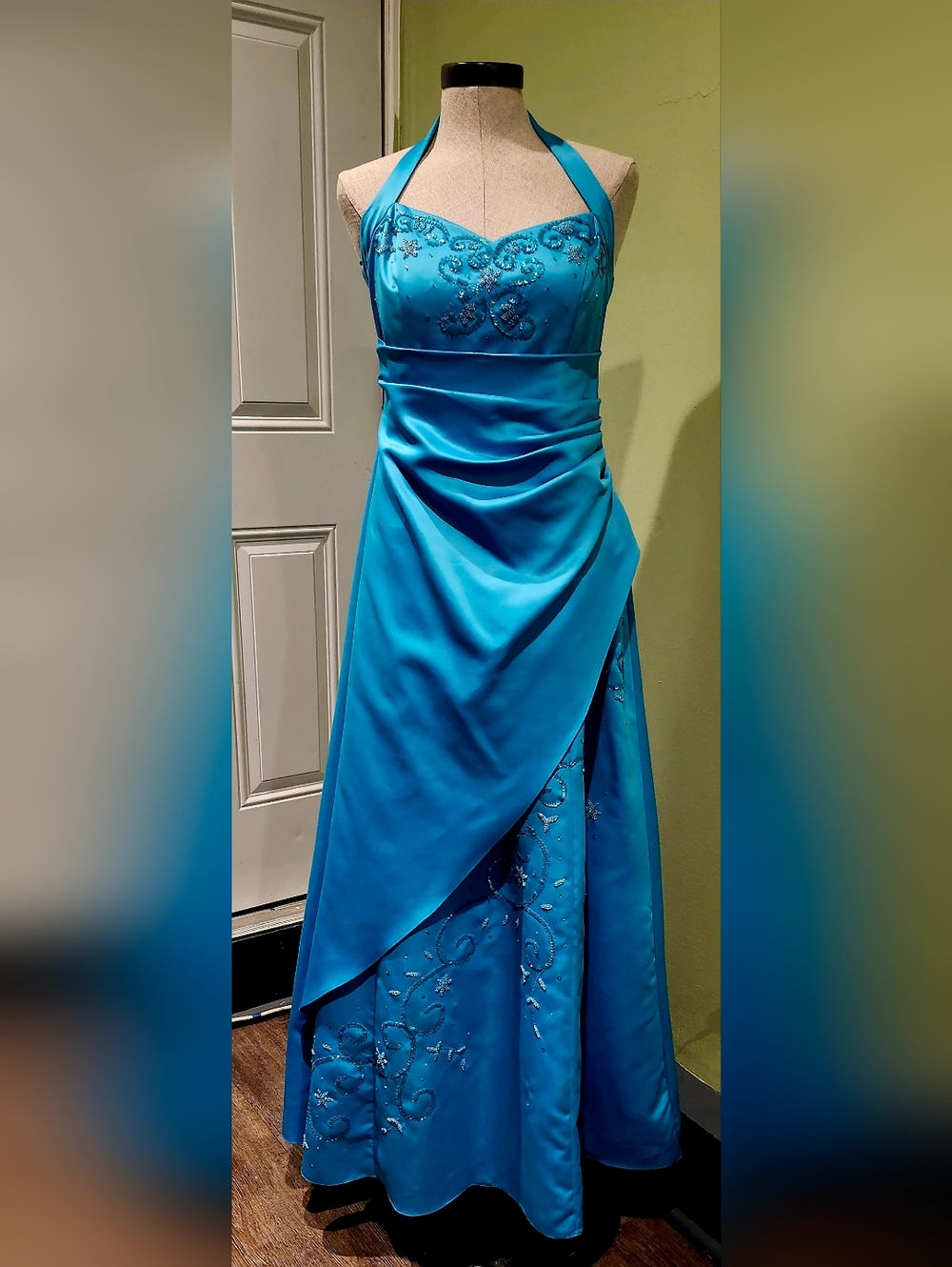 City Triangles Turquoise Halter Princess Formal Prom Dress (Beaded and Sequin)